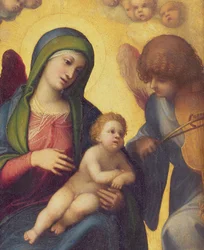 Madonna och barn med änglar c.1510-15 olja på paneldetalj av 50256